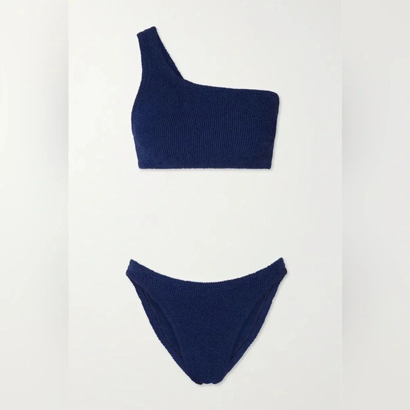 New Hunza G Nancy One-Shoulder Seersucker Bikini Set Navy Blue Rare Crinkle - Picture 6 of 6